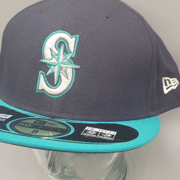 Seattle Mariners Navy Green Fitted Hat MLB New Era 59Fifty Cap Size 8 NE TECH - Picture 3 of 13